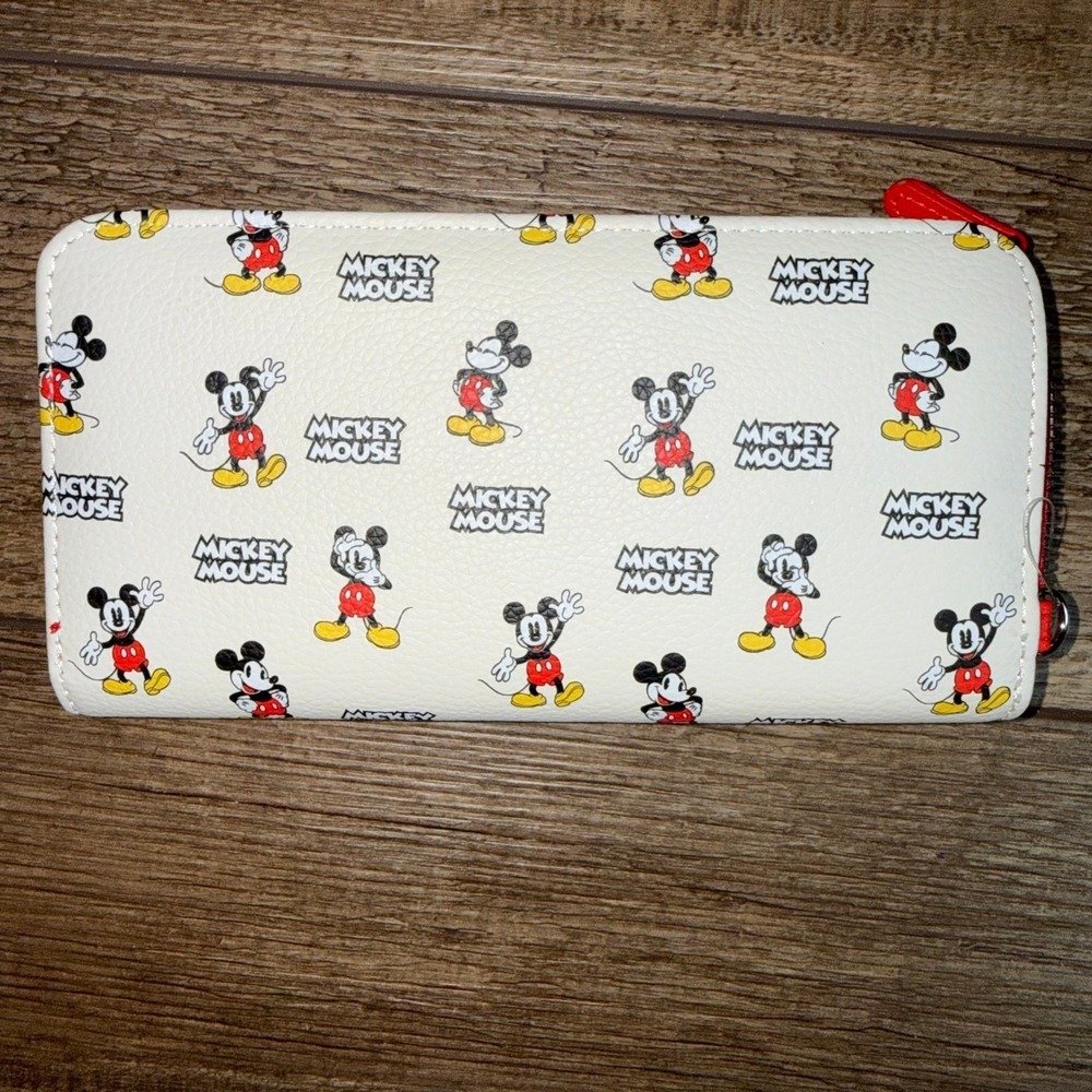 Disney Mickey Mouse Zip Around Wristlet Wallet White Red All Over Print Logo - Picture 3 of 3